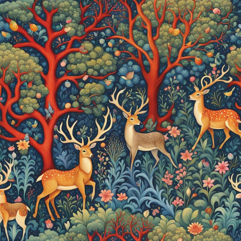 Renaissance Forest Deer in William Morris Style
