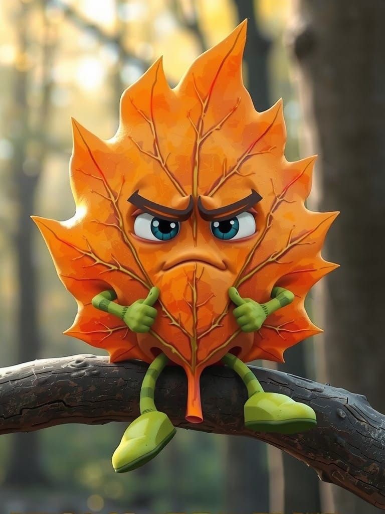 Whimsical Autumn Leaf Character Sits on Mossy Tree Branch, E...