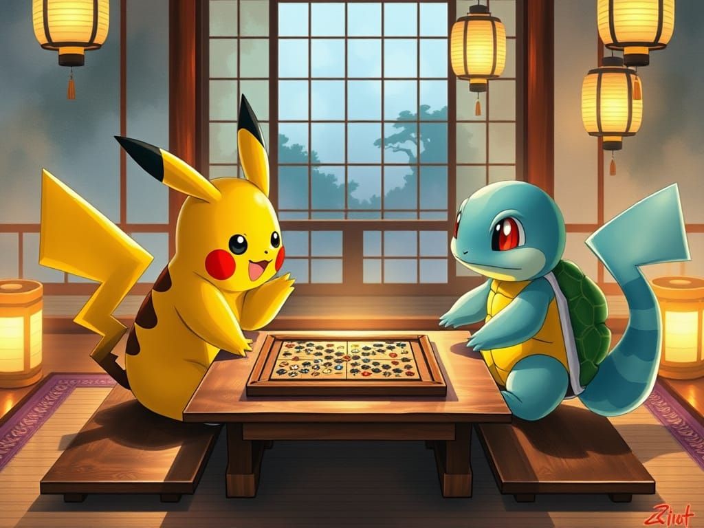 Whimsical Watercolor Illustration of Pikachu and Squirtle Pl...