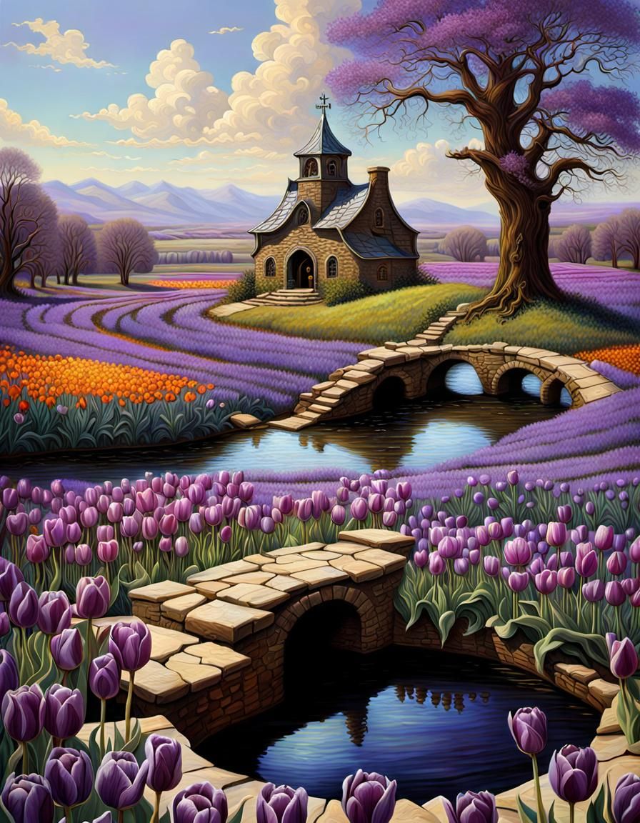 Purple Tulips and Wishing Well in Hyperreal Style