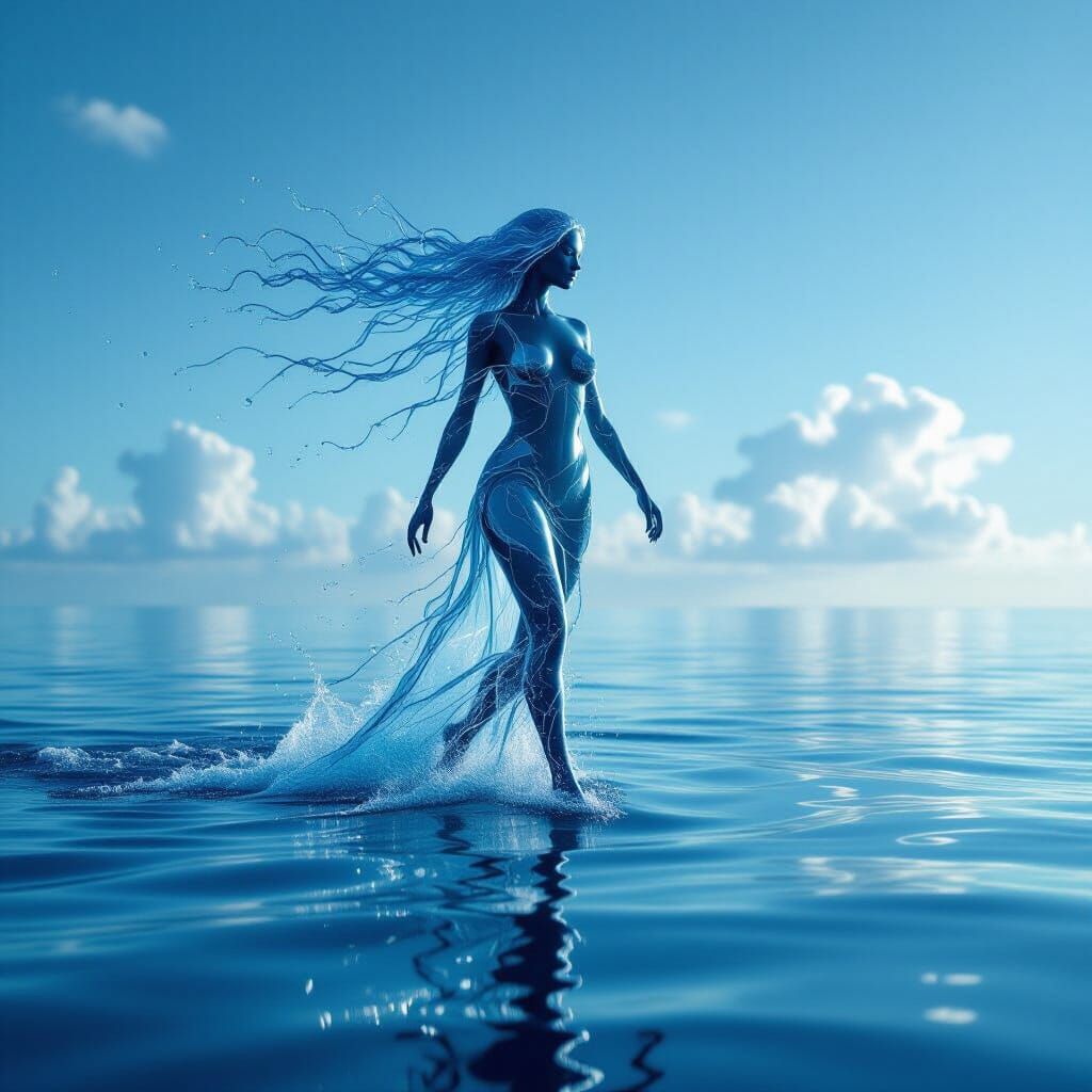 Ethereal Water Woman on Calm Ocean Surface
