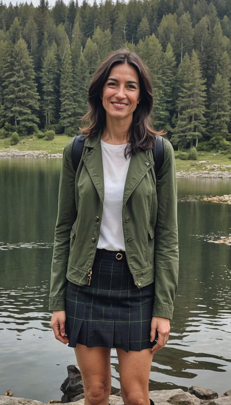 Woman by Mountain Lake with Rainbow in Fantasy Style