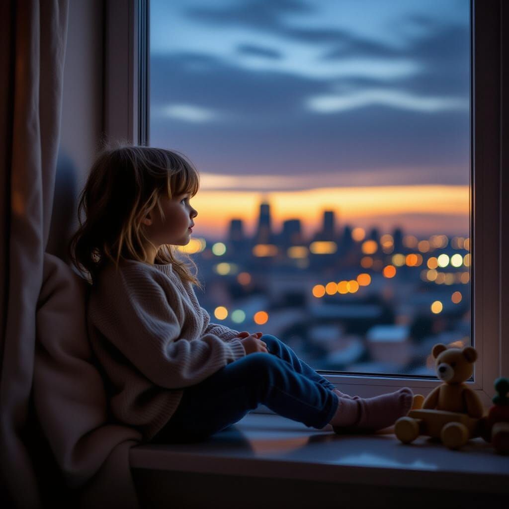 Girl on Windowsill Gazing at City Lights in Cinematic Style