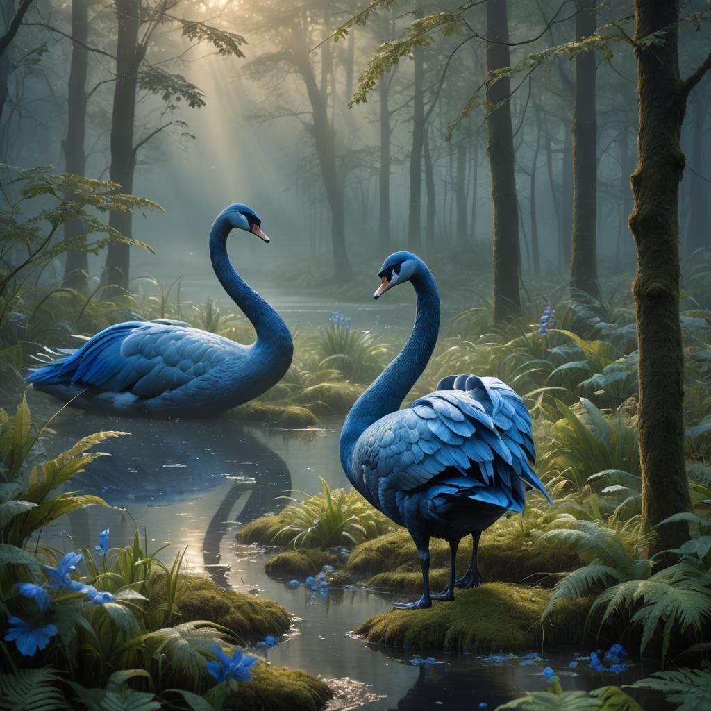 Majestic Blue Swan in Mystical Forest