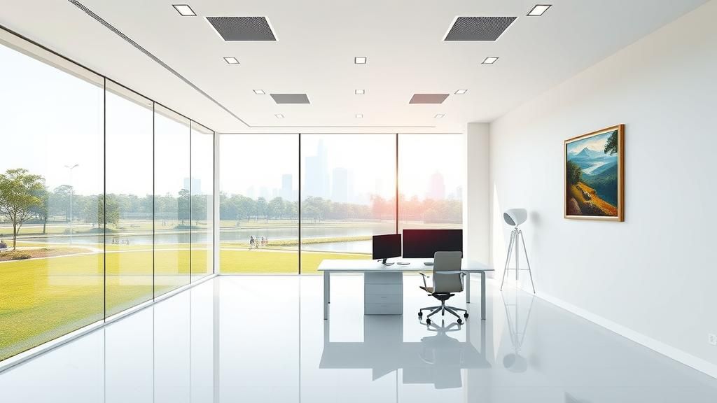 Deserted Modern Office Overlooking Serene Lawn