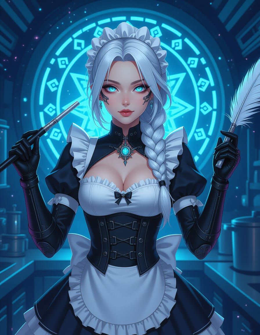 Android Maid in Sci-Fi Kitchen with Plasma Blade