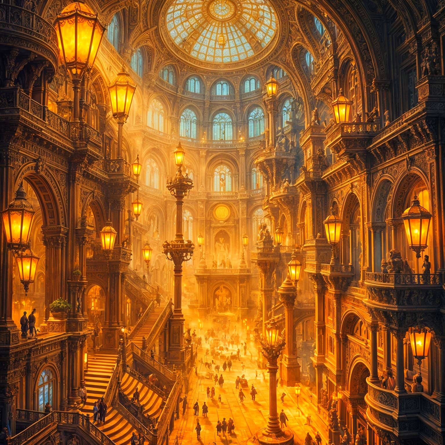 Majestic Metropolis Inside a Lamppost, in a Maximalist, Scie...