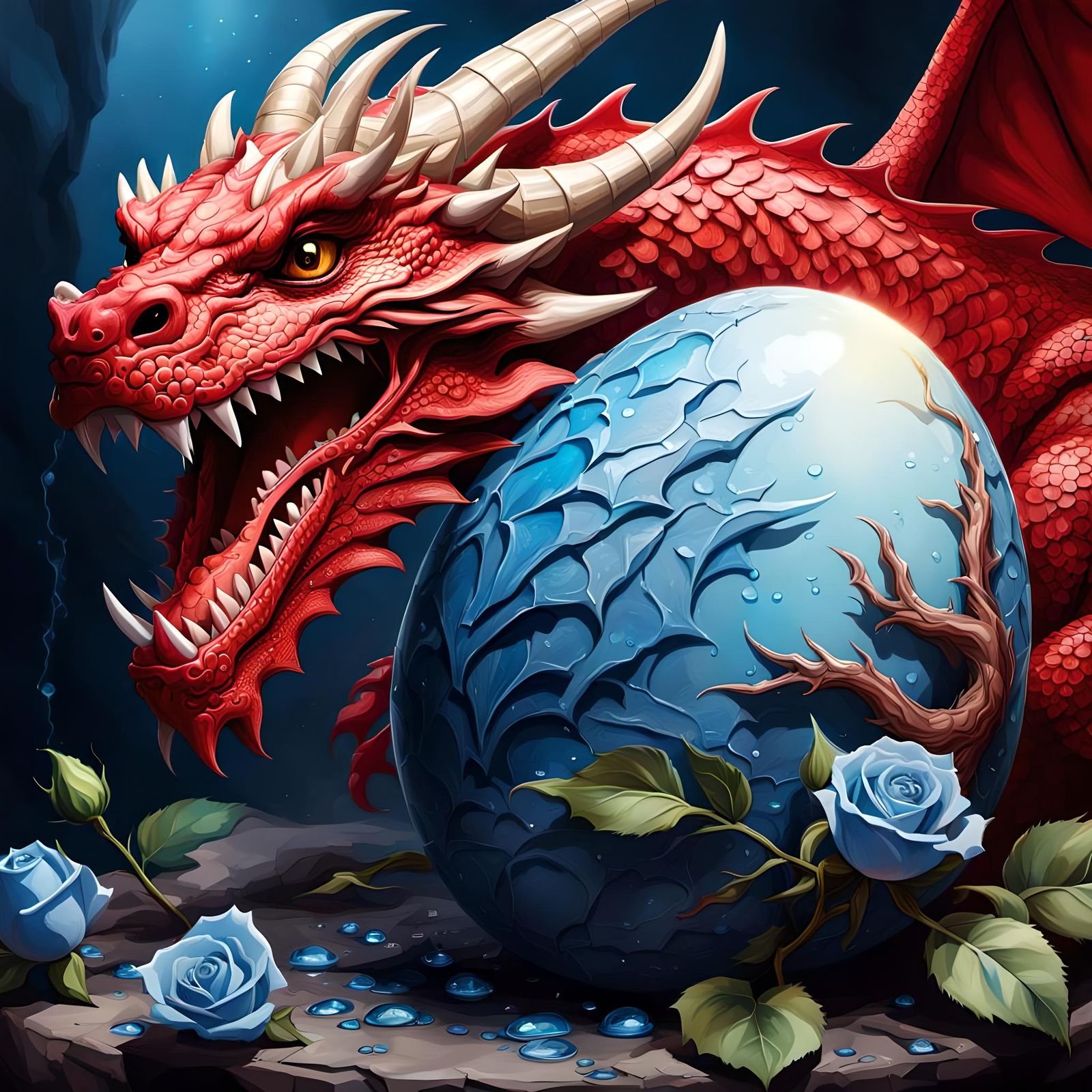 Red Dragon Mourns Cracked Egg with Blue Rose