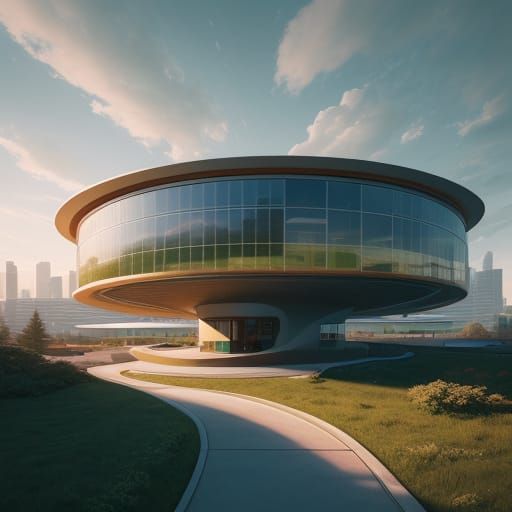 Futuristic Kindergarten on Hill in Golden Hour Light