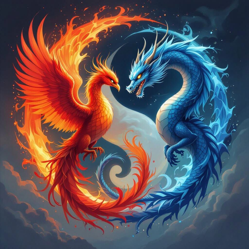 Phoenix and Dragon Embrace Cosmic Balance in Digital Art