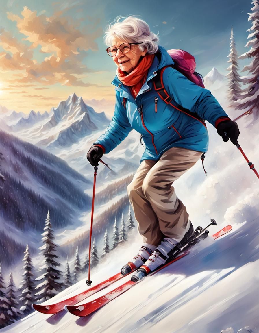 Little Old Lady Skis Down Mountain