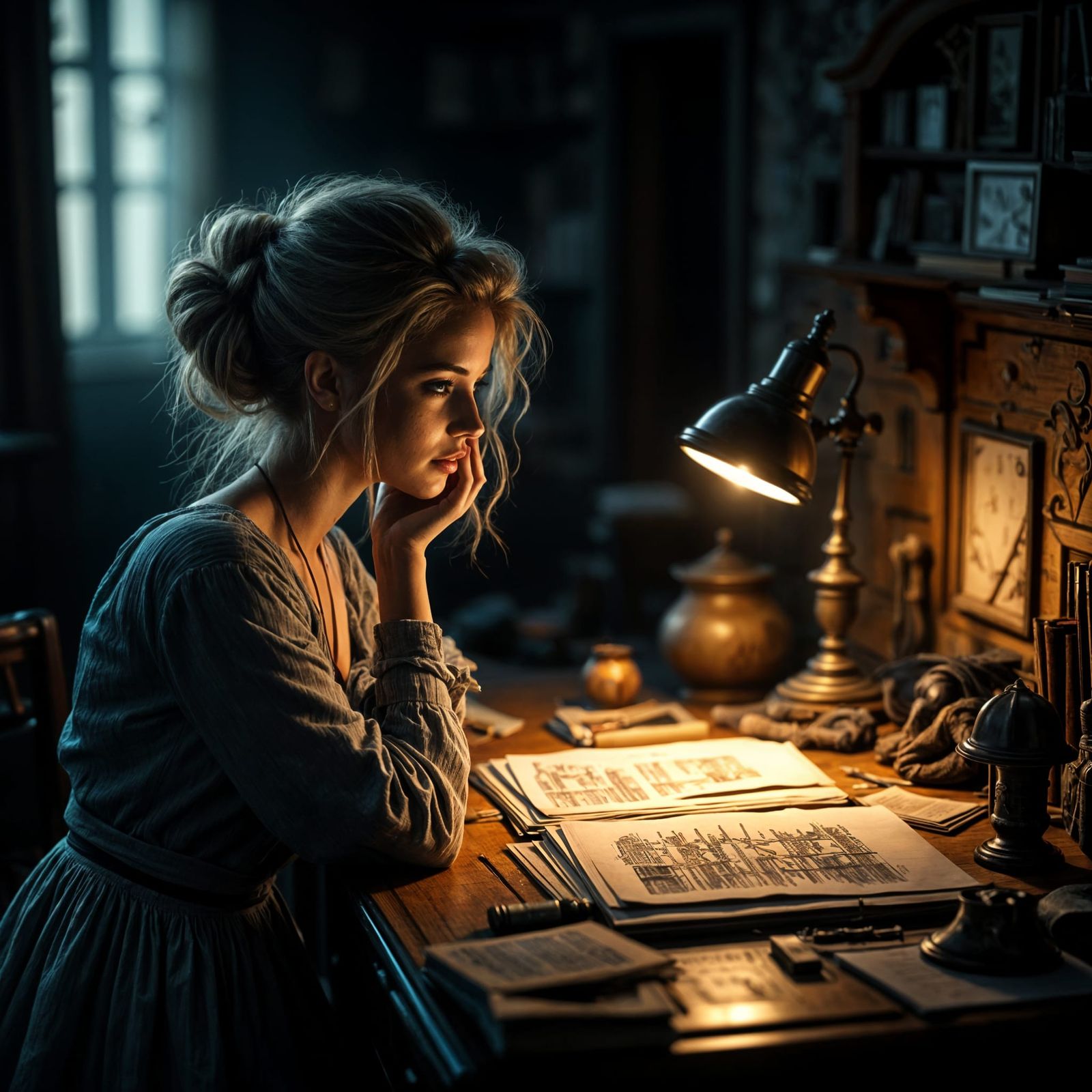 Solitary Woman Working Late in Dimly Lit Room