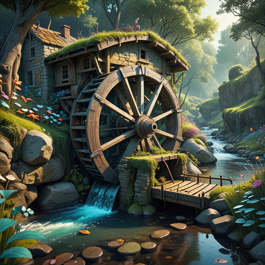 Enchanted Water Wheel Scene in Whimsical Digital Art