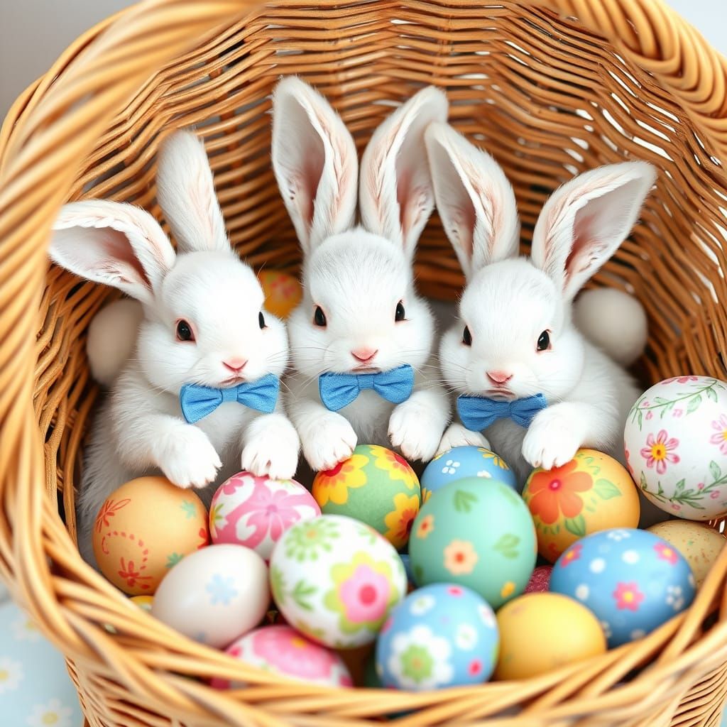 Whimsical Easter Bunnies with Colourful Eggs in a Wicker Bas...