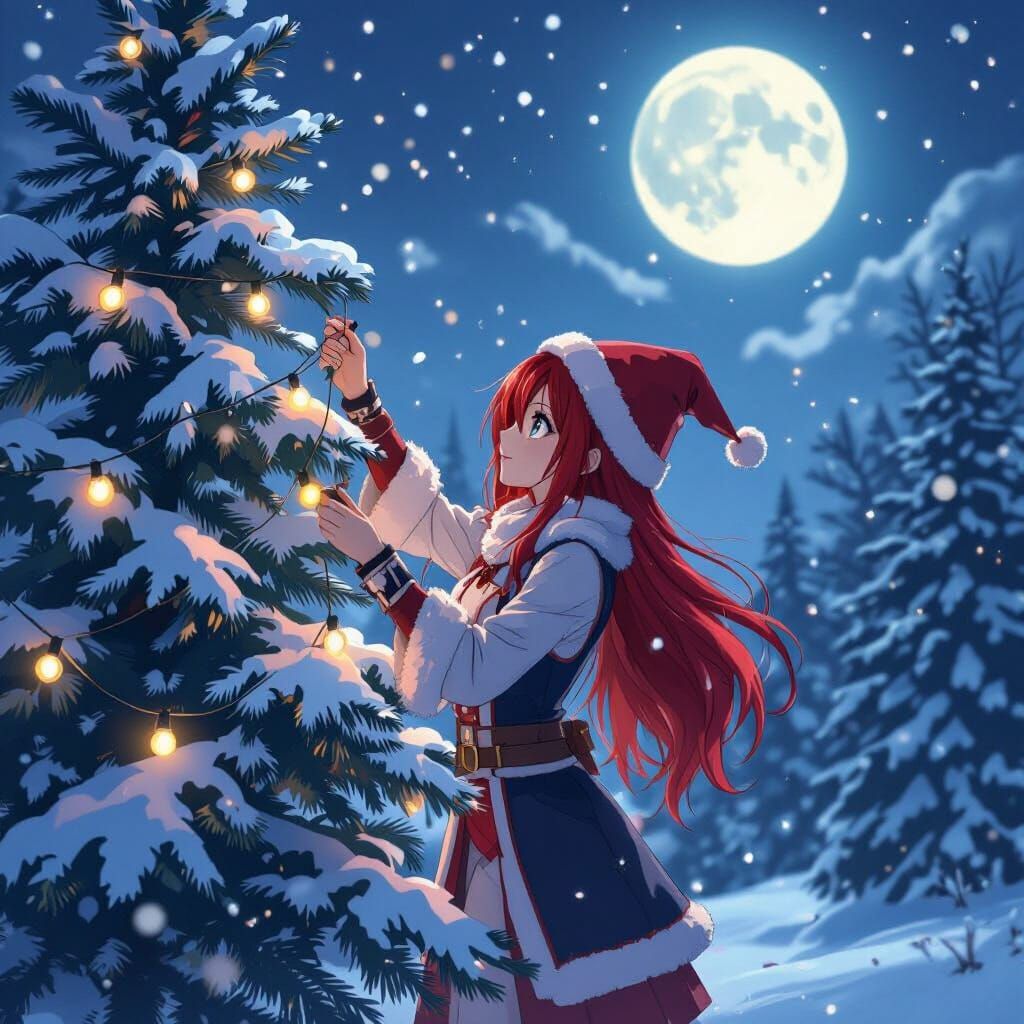 Erza Scarlet Decorates a Pine Tree in Winter