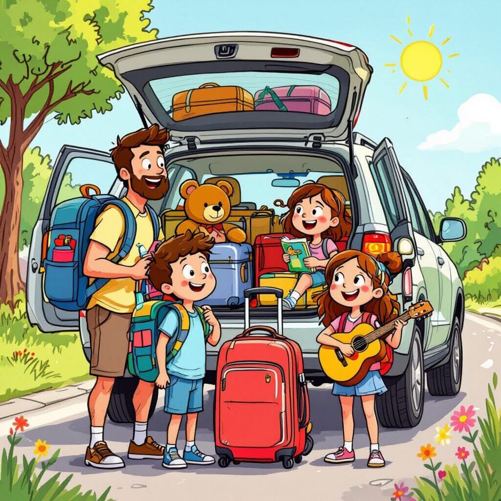 Cartoon Family Packing Car for Summer Vacation