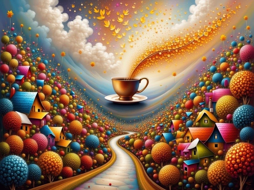 Coffee Cup in Whimsical Village Scene