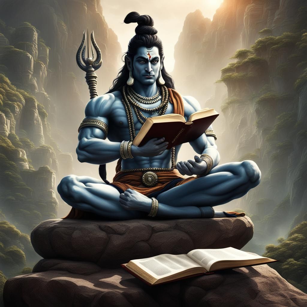 Lord Shiva, Muscular and Reading: Detailed Matte Painting