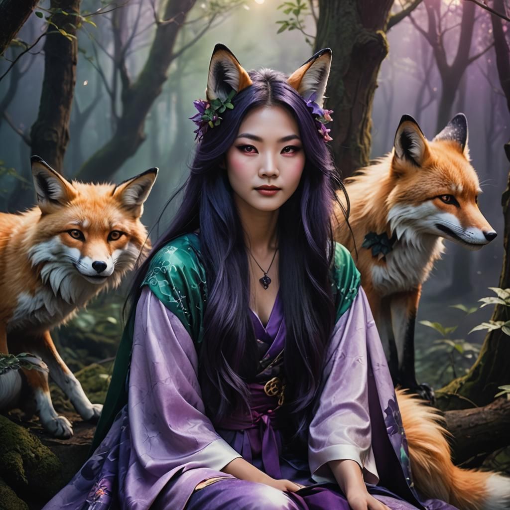 Bewitching Kitsune Woman in Mystical Forest: Watercolor Art