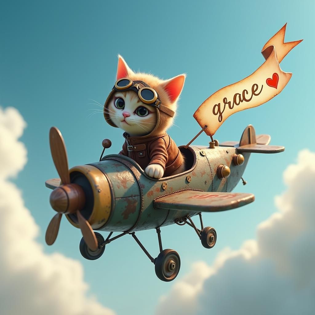 a cat flying a little plane pulling along the word "grace" w...