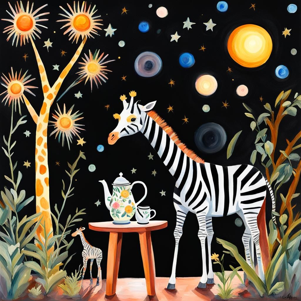 Zebra and Giraffe in Gouache Watercolor Style