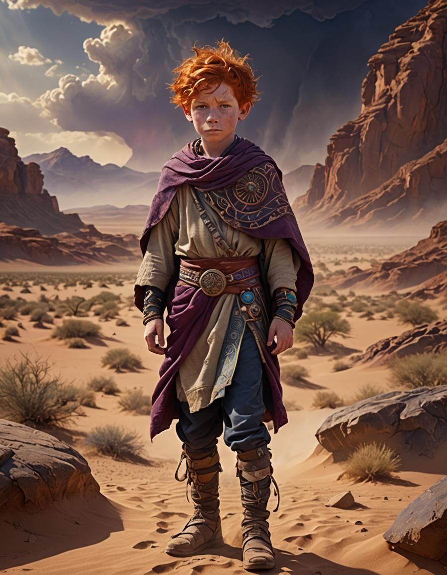Hairy Redhead Child in Desert Landscape