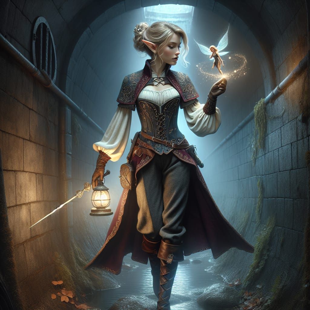 Half-Elf Rogue in Sewer with Pixie Companion