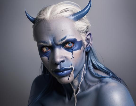 Blue Skinned Demon Portrait in Professional Style