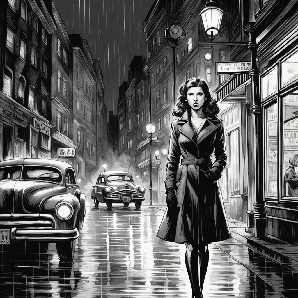 Anna Kendrick as Noir Detective in Ink Drawing
