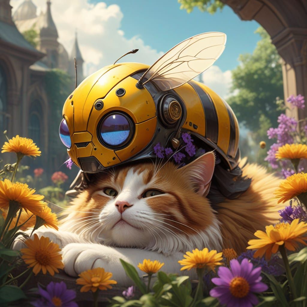 Cartoon Bumblebee Napping on Cat, Dark Fantasy Art