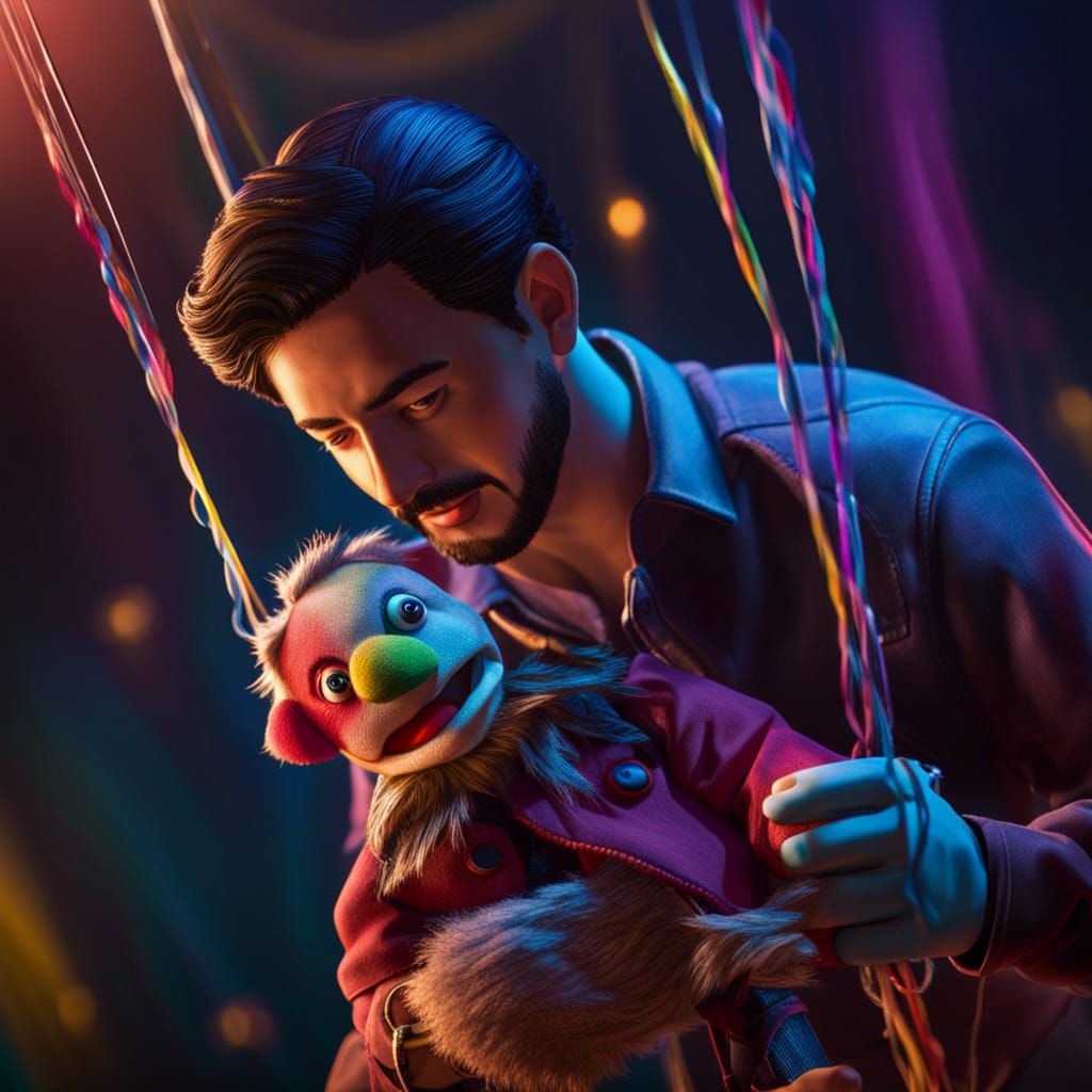 Man with Marionette Puppet: Hyperrealistic Splash Art