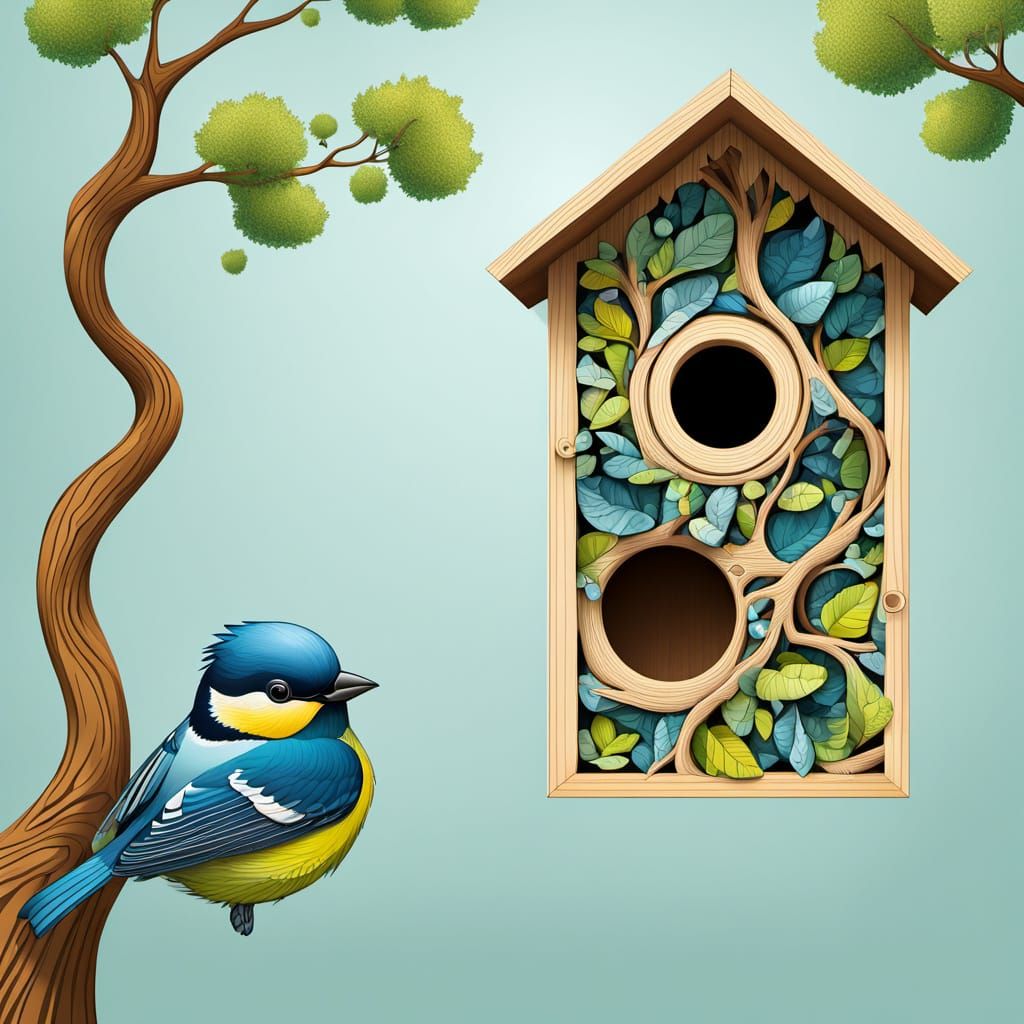 Bluetits Nesting in Bird Box with Abstract Elements