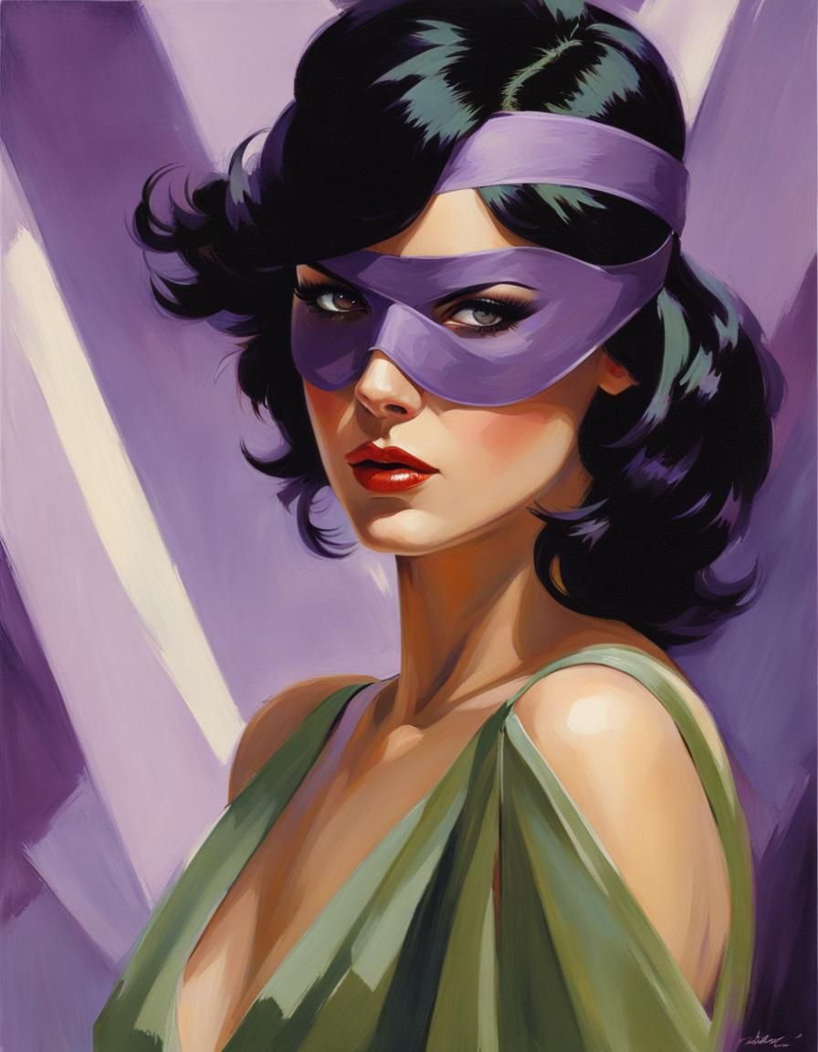 Art Deco Portrait of Girl with Purple Eye Patch