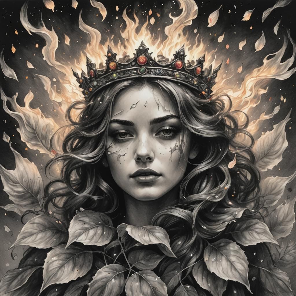 Starlight Crown with Flaming Rose Petals: Charcoal Drawing