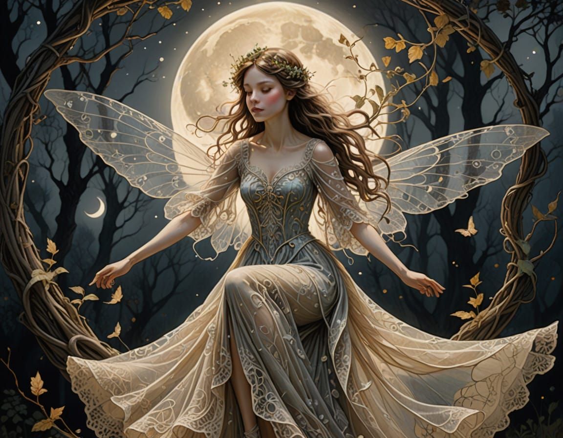 Whimsical Fairy Sways from Crescent Moon in Delicate Ink Ske...