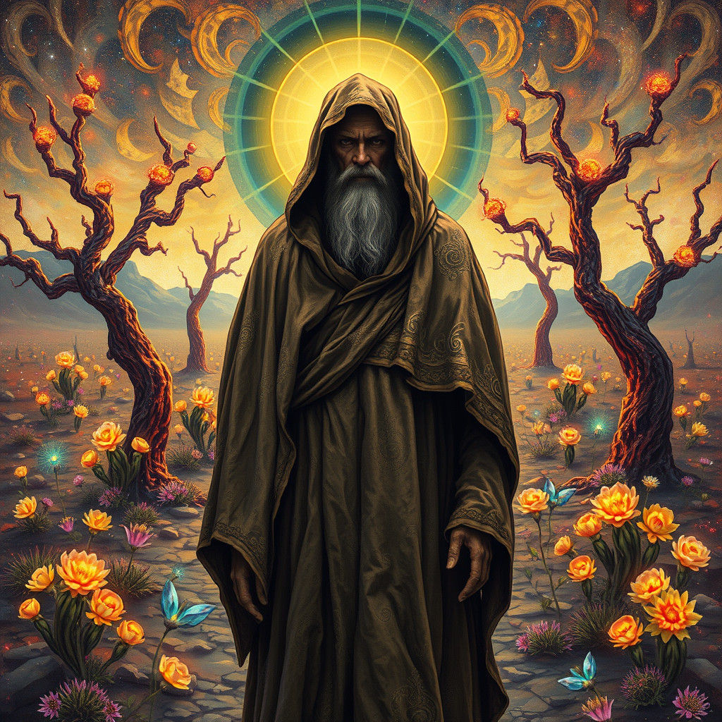 Prismatic Preacher in Pointillist Post-Apocalyptic Landscape