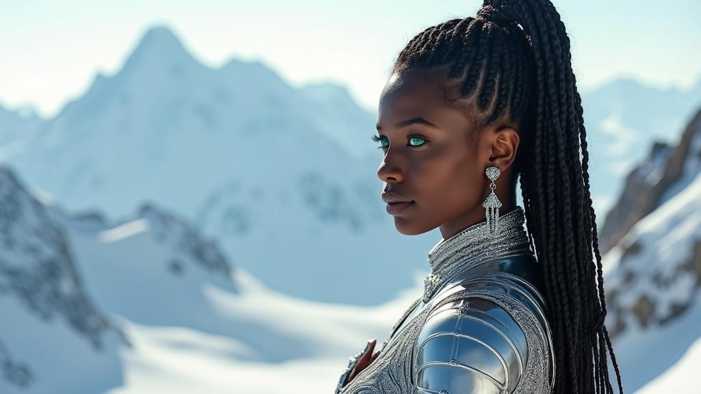 Regal Woman in Silver Armor on Snowy Peak