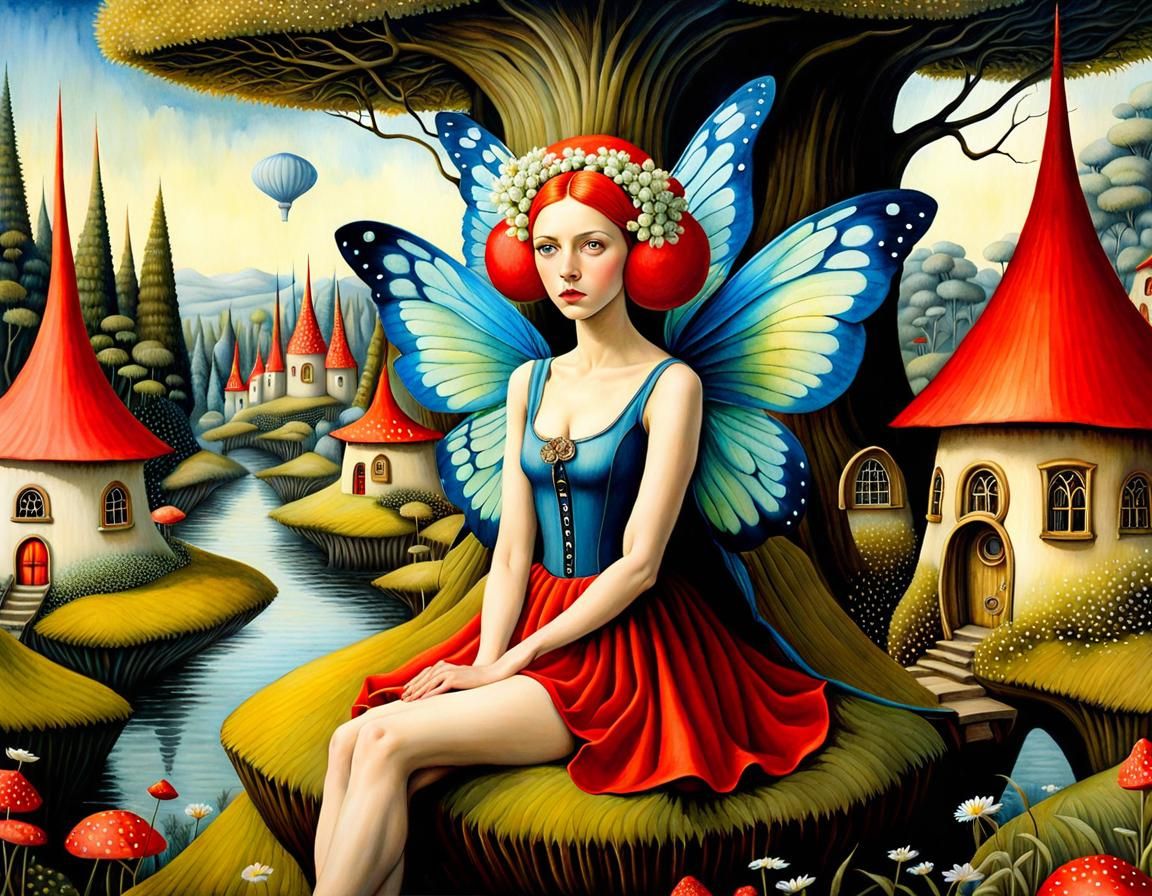 Pop Surrealist Fairy Village Watercolor Painting