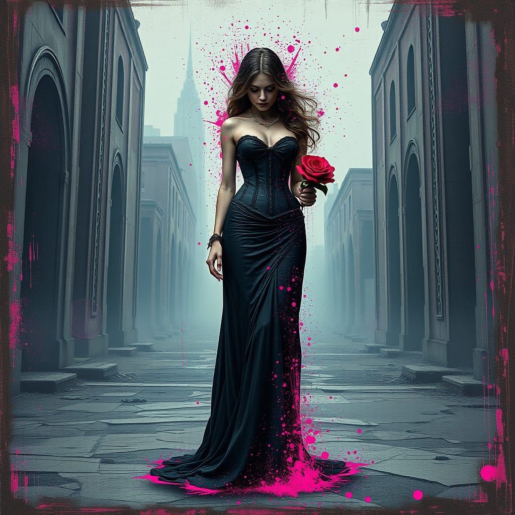 Glitching Woman in Desolate Cityscape: Antique Art Style