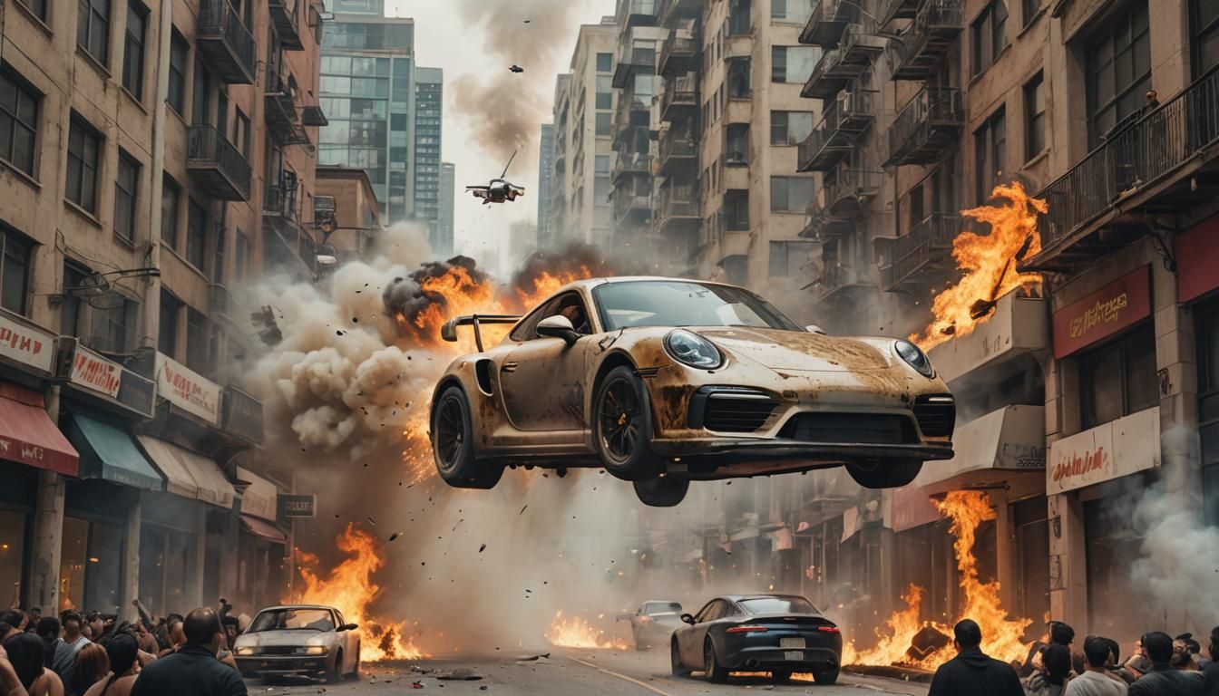 Porsche Flies Through Burning City: Action Film Still