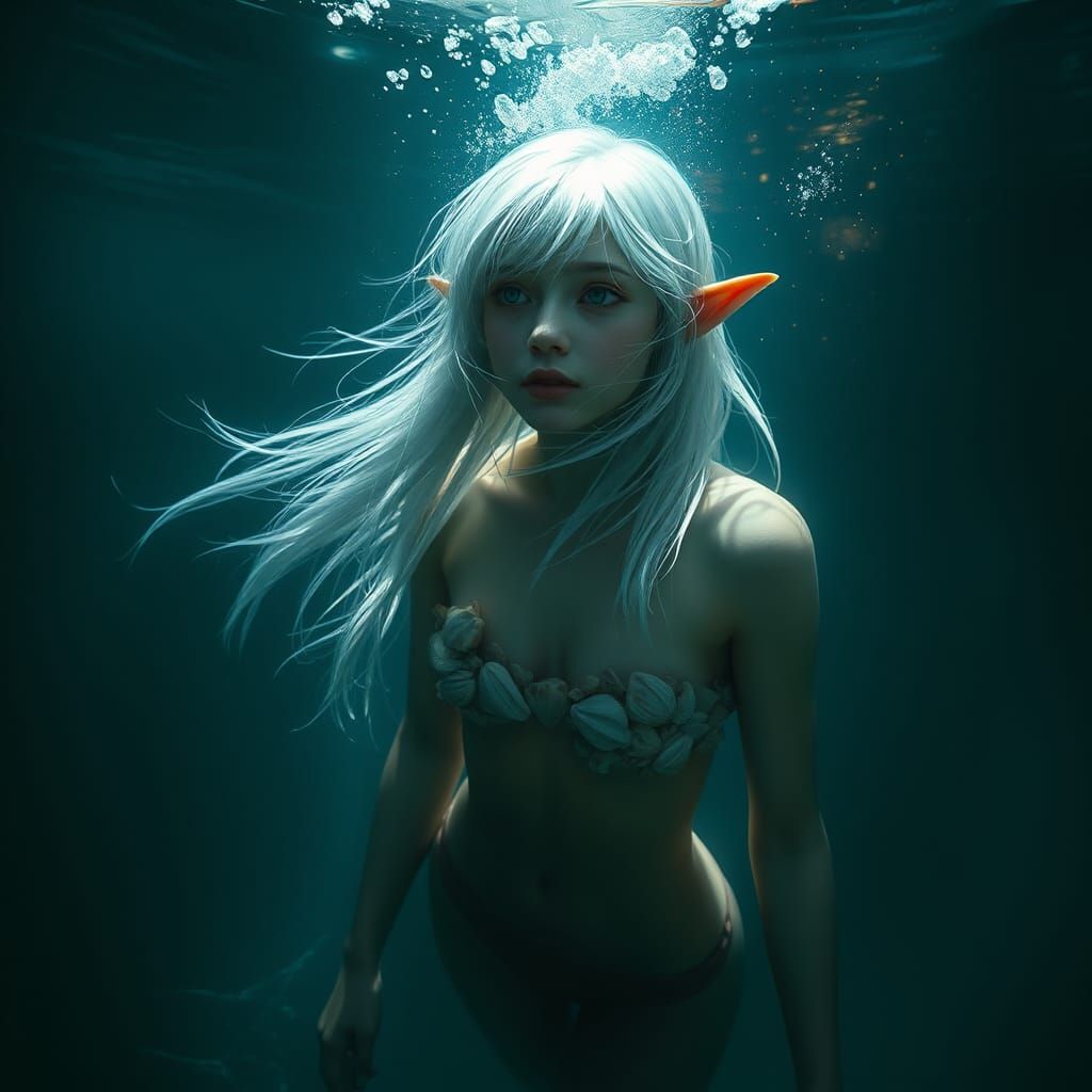 Ethereal Elf Submerged: Matte Painting in Fantasy Style