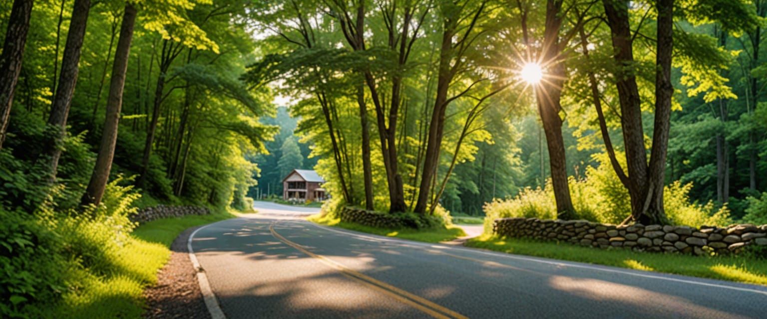 Rural Road with General Store and Sunbeams