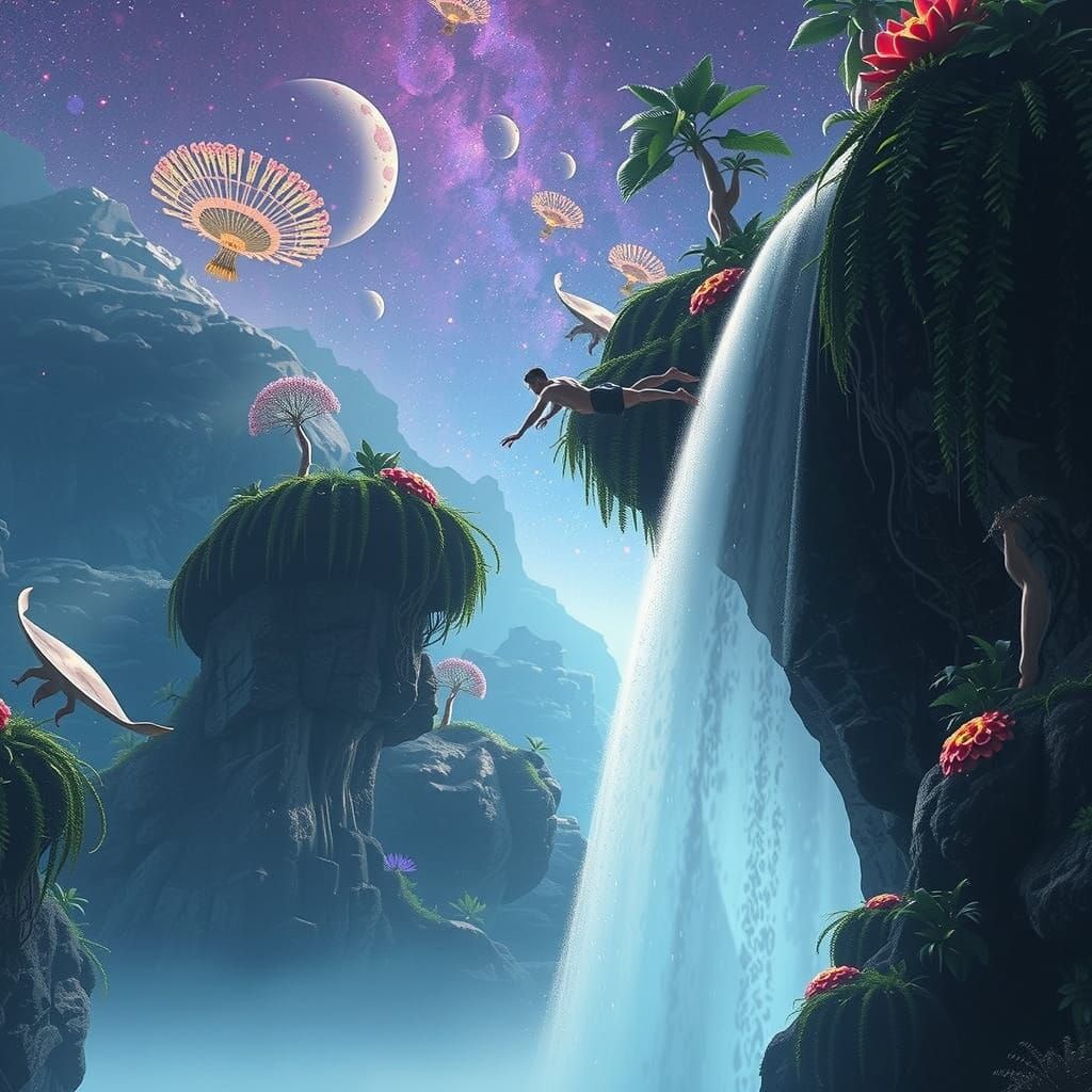A side view of a swimmer diving off a waterfall. A beautiful, surrealistic cosmic jungle landscape teeming with biolumin...