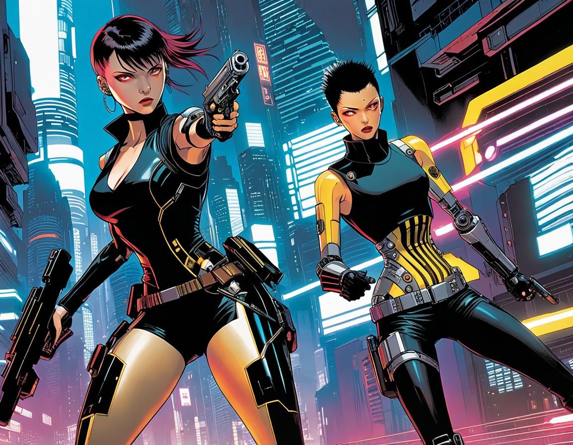 Cyberpunk Cyborg Bounty Hunter Pursues Target