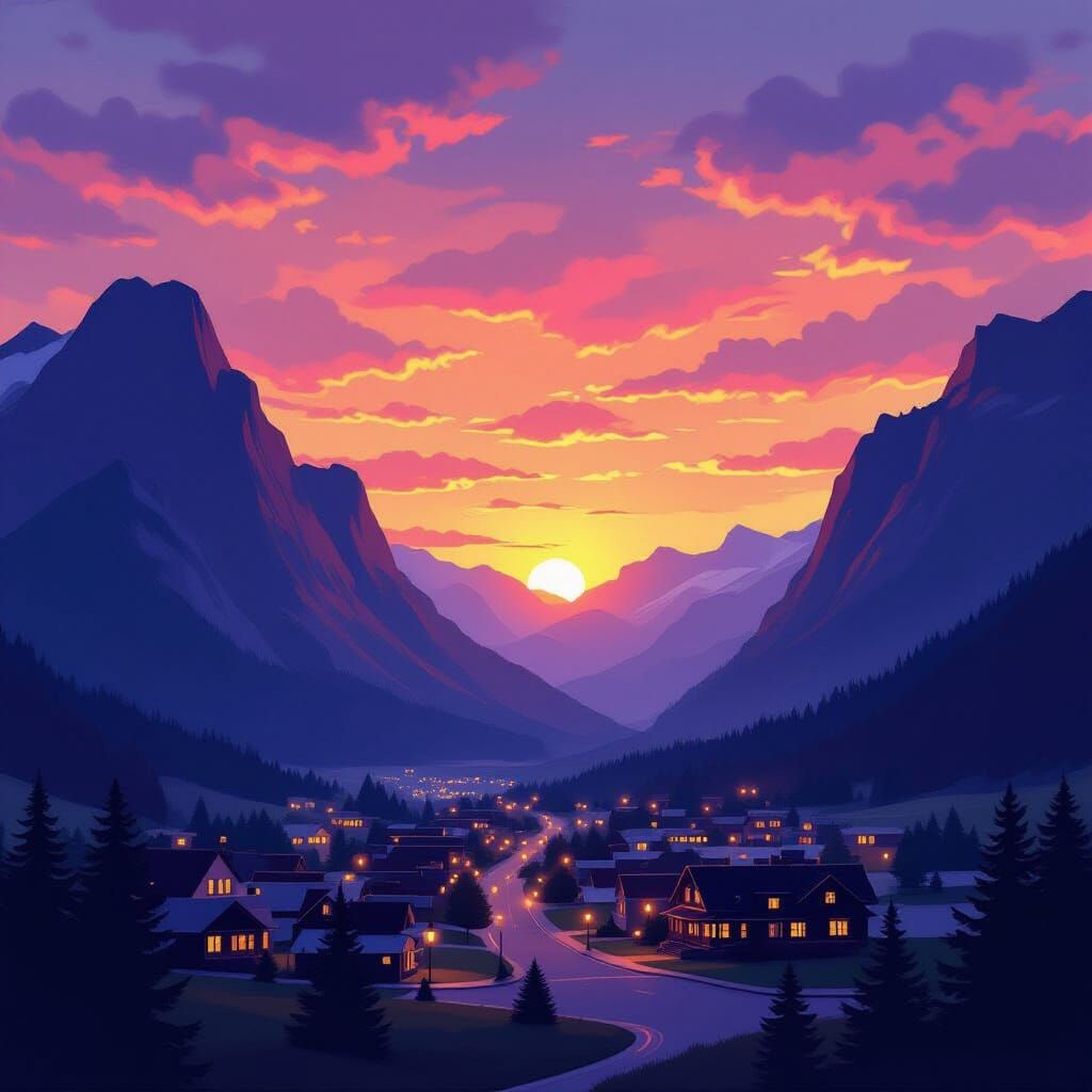 Vibrant Sunset Over Mountains and Sleeping Town