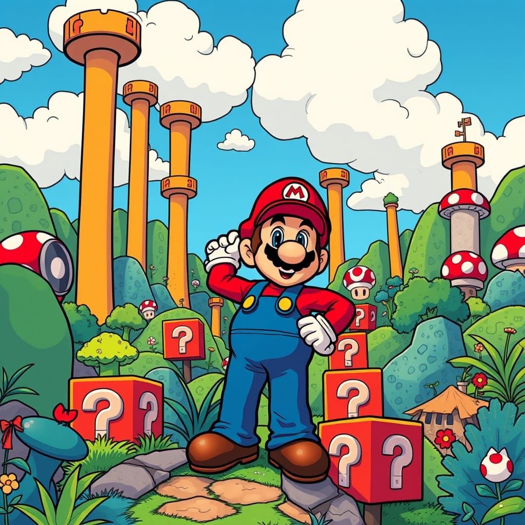Heroic Plumber in Vibrant Mushroom Kingdom Landscape