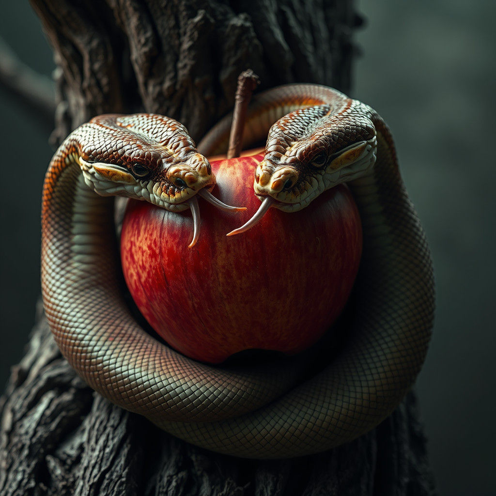 Serpentine Creatures and the Forbidden Apple, Hyperrealistic...