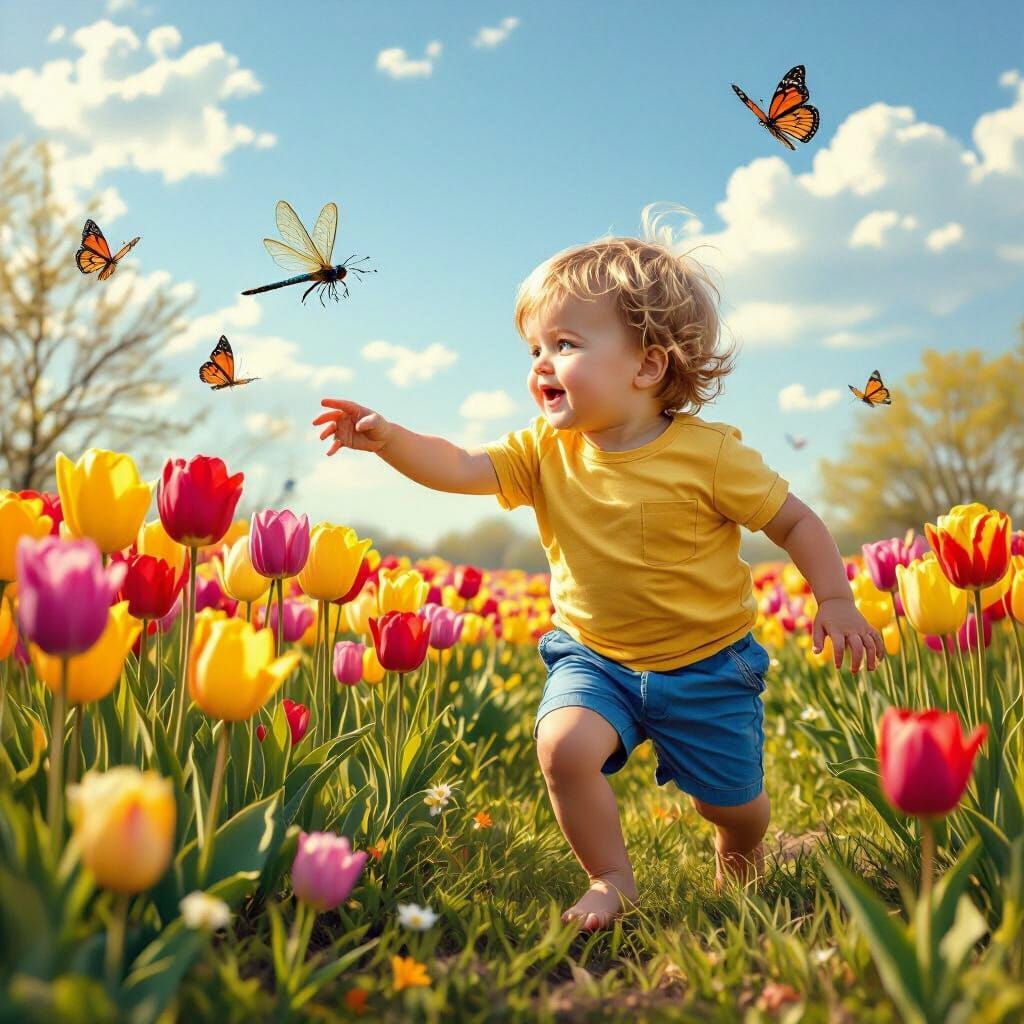 Toddler Chasing Dragonfly in Tulip Field, Hyperrealistic Sty...