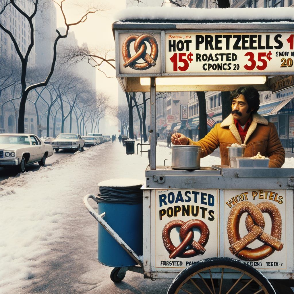 1970s Winter Street Scene with Pretzel Vendor