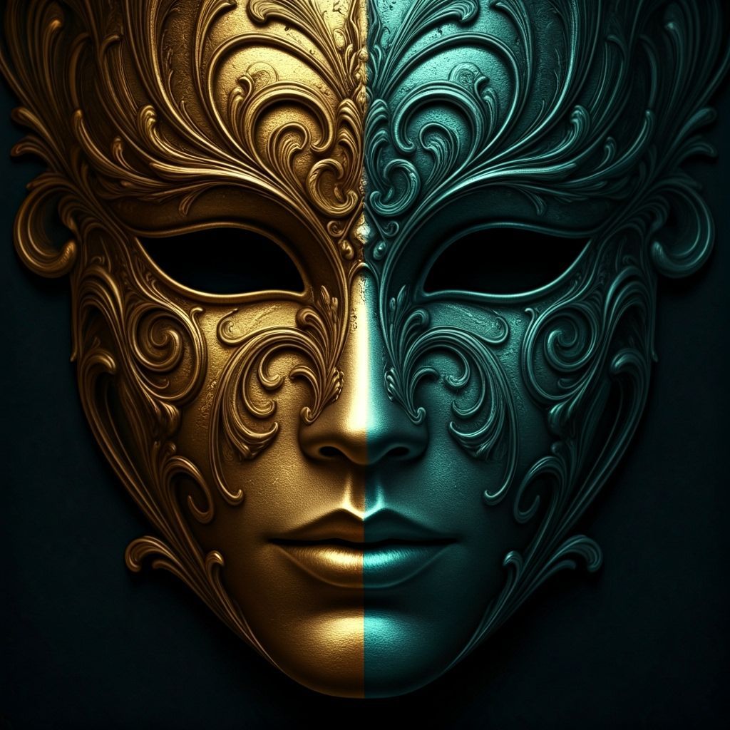 Ornate Double-Faced Venetian Mask with Gold and Teal